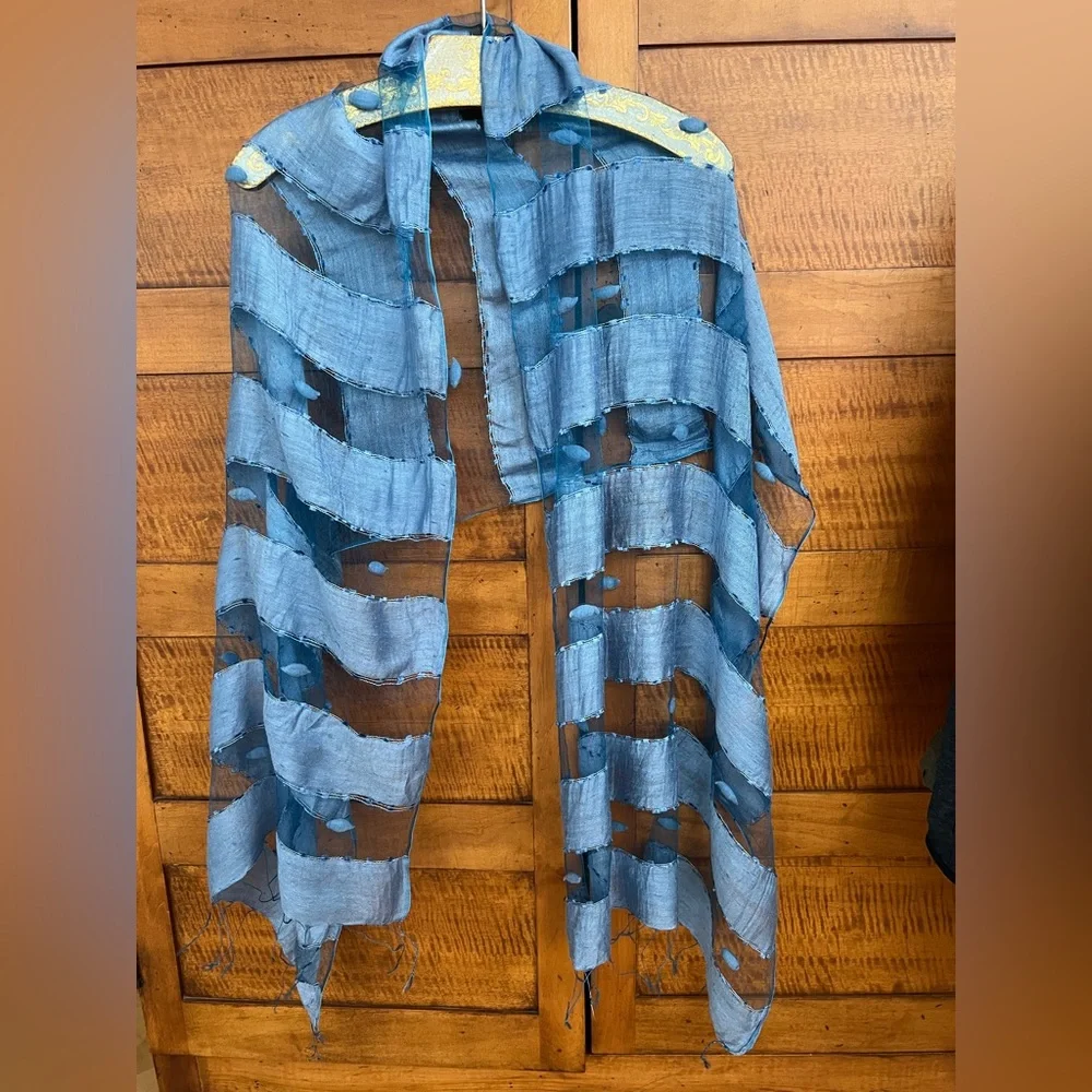 🪺New HAND WOVEN SILK PANEL SCARF/SHAWL-by BLUE PACIFIC | Vintage Denim Blue - Picture 13 of 17